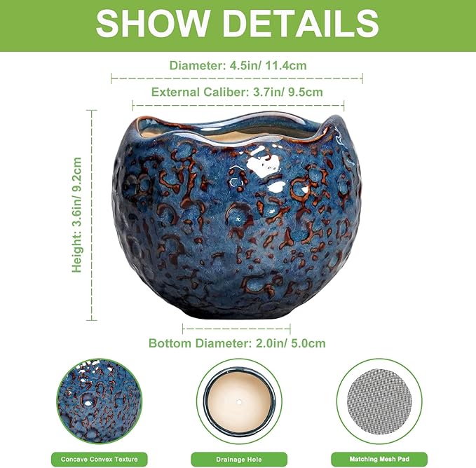 Ceramic Pots for Plants - 4 inch Plant Pots for Indoor Outdoor, Small Planter with Drainage Hole, Unique Flower Pot, Decorative Modern Round Planter, Office Decor, Home Gifts, Retro Blue