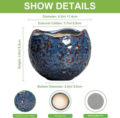 Ceramic Pots for Plants - 4 inch Plant Pots for Indoor Outdoor, Small Planter with Drainage Hole, Unique Flower Pot, Decorative Modern Round Planter, Office Decor, Home Gifts, Retro Blue