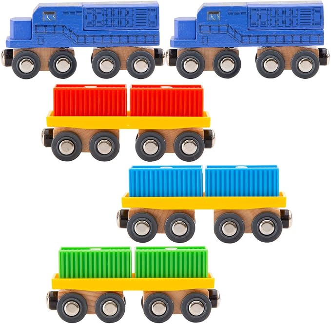 ORBRIUM 11 Pcs Intermodal Freight Trains Set for Wooden wood Railway Includes 2 Diesel Engines, 3 Container Flat Cars, 6 Shipping Containers Compatible with Thomas, Brio, Chuggington, Melissa and Doug