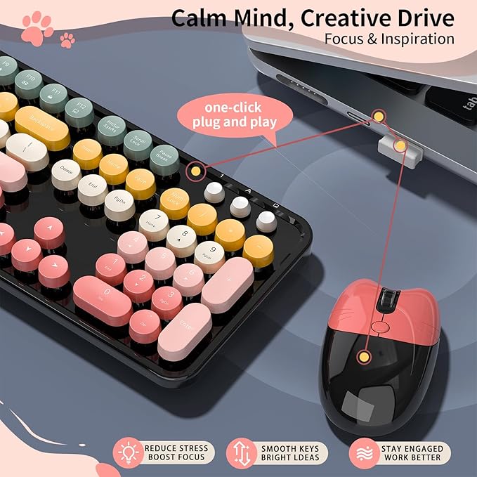 Wireless Keyboard and Mouse, MOFII 104 Round Keycaps Retro Typewriter with OTG & Brush, Full-Size Ergonomic, Ideal for Windows PC, Home, Office and College Rainbow Red