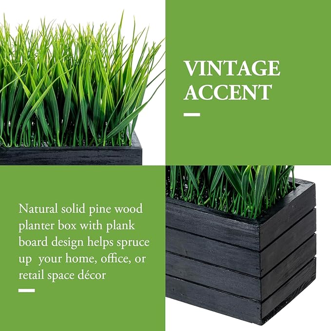 MyGift 14 Inch Artificial Green Grass Plant in Vintage Black Wood Planter Window Box, Faux Greenery in Decorative Rectangular Crate Style Wooden Container