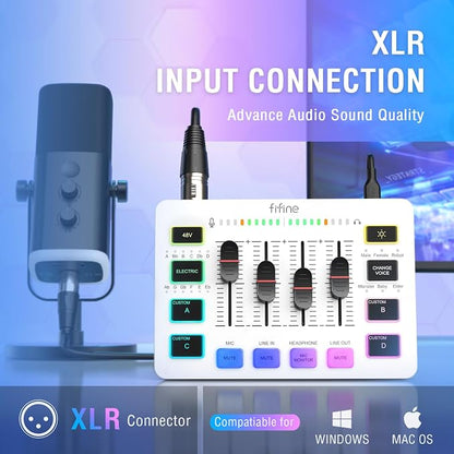 FIFINE Audio Mixer, Gaming Streaming PC Mixer with Slider Fader, XLR Microphone Interface, Monitoring, for Video/Game Voice/Podcast Recording-AmpliGame SC3W | USB PnP For PC,Mute Button,XLR Preamp,RGB,Voice change,48V Phantom Power,Monitoring,Podcast,R...