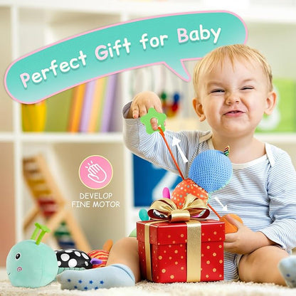 Baby Sensory Musical Caterpillar Plush Toy, Soft Stuffed Animal with Mirror Crinkle Paper Rattle Teether, Tummy Time Play Toy for 0-12 Months Newborn Infant, Baby Shower Gift for Boys Girls, Blue