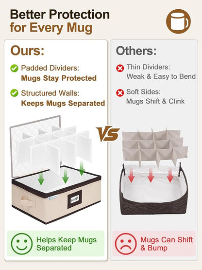 punemi Mug Storage Organizer, 2-Pack Hard Shell Boxes for Packing & Moving | Padded dividers, stackable design and carry handles for coffee mugs, tea cups and china storage, beige