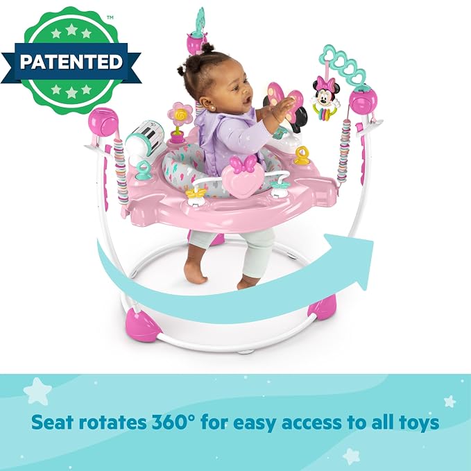 Bright Starts Disney Baby Minnie Mouse Forever Besties Baby Activity Center Jumper with 10 Toys, Lights & Sounds, 360-Degree Seat, 6-12 Months (Pink)
