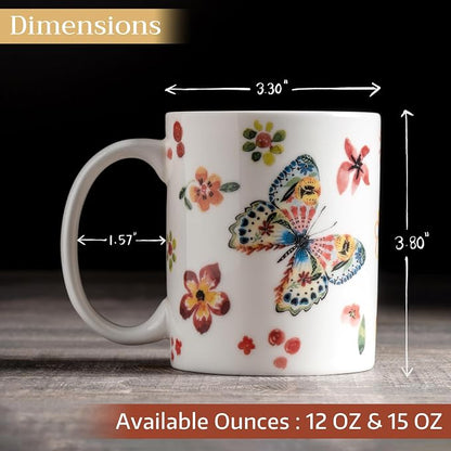 Maison d' Hermine Coffee Mug with Handles Tea Cups (15 Ounce, Pack of 1) | Fine Bone China Coffee Mugs for Hot Beverages Cappuccino Latte Home Spring Summer -Happy Florals - High Summer Butterfliess