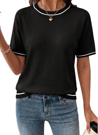 SHEWIN Womens Tops Trendy Short Sleeve Shirts Crewneck Lightweight Knit Sweater Top Business Casual Outfits