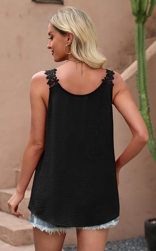 OFEEFAN Tank Top for Women Loose Fit Crew Neck Sleeveless Shirts Strap Lace Camisole Chiffon Summer Tops Curved Hem