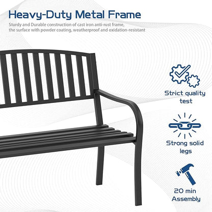 Outdoor Bench Garden Bench, Weatherproof Anti-Rust Heavy-Duty Outside Benches Clearance, Wrought Iron Metal Bench for Front Porch, Patio, Park
