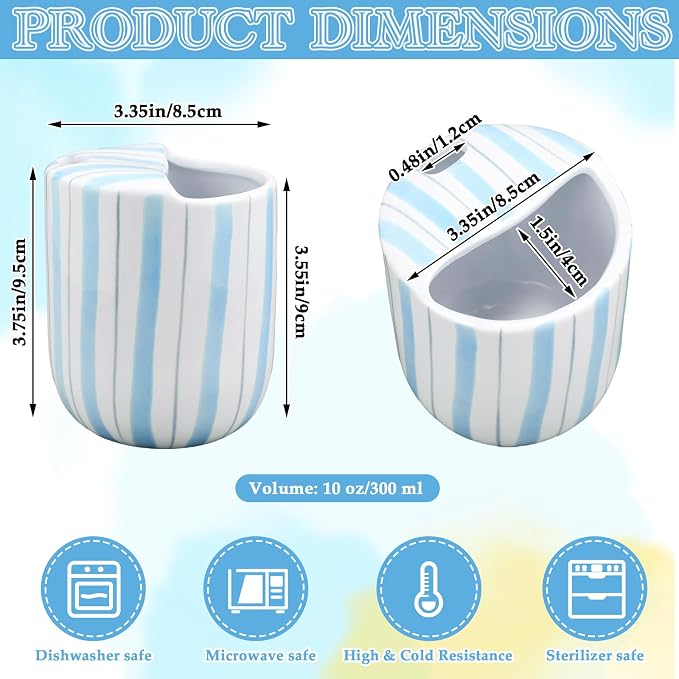 Ceramic Mug with Sip Hole 10 oz Light Blue Striped Ceramic Coffee Mug Hand Painted Travel Mugs Heat Resistant Non Slip Built in One Lid Handcraft Mugs for Coffee Lovers Appreciation Gift