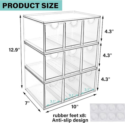 Prsildan Craft Art Supply Organizer Stackable Storage Drawer with 9 Drawers | Clear Acrylic, Tea Bag K Cup Organizer, for Kitchen Office Desk Vanity Makeup Organizer, 3 Pack