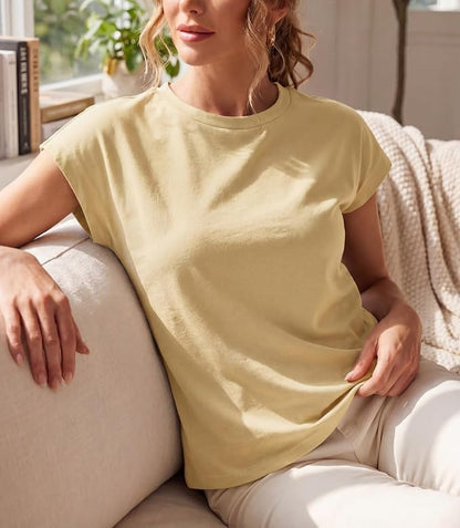 GRECERELLE Womens Summer Tops Cap Sleeve Crew Neck Basic T-Shirt | Everyday Casual Wear, Layering Friendly, Wrinkle-Resistant, Business Casual Ready, Lightweight & Packable, Capsule Wardrobe