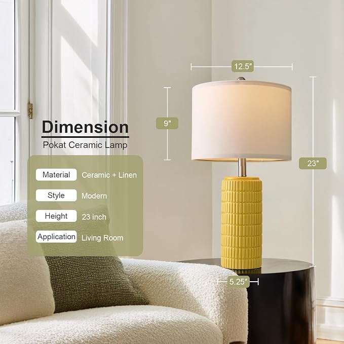 PoKat 23" Yellow Table Lamps Set of 2, Modern Living Room End Table Lamps Decor, Ceramic Lamps for Living Room, Contemporary Nightstand Lamps for Side Console Table Hallway Gift