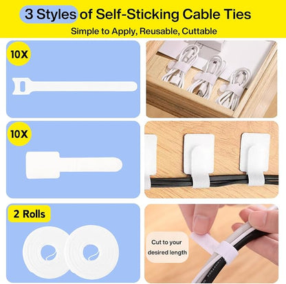 [313Pcs] Cable Management Kit, 67 Adhesive Cable Clips, Topavatop Desk Cord Organizer, 22 Reusable Cable Strap, 4 Cable Sleeve Split, 200 Nylon Cable Zip Ties with 20 Mounts for TV Office Home, White