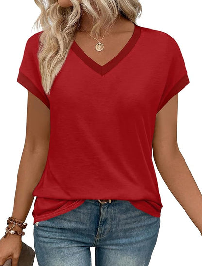 WIHOLL Womens Summer Tops 2026 Cap Short Sleeve Shirs V Neck T Shirts Fashion Beach Vacation Clothes Color Block