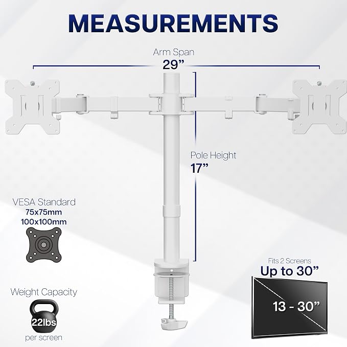 VIVO Dual Monitor Desk Mount for 13 to 30 inch Screens, STAND-V002W | White, Articulating, Adjustable Monitor Arm, Grommet or C-Clamp Mounting, Computer Stand for 2 Monitors, Holds 22 lbs Each