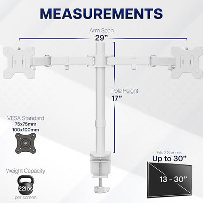 VIVO Dual Monitor Desk Mount for 13 to 30 inch Screens, STAND-V002W | White, Articulating, Adjustable Monitor Arm, Grommet or C-Clamp Mounting, Computer Stand for 2 Monitors, Holds 22 lbs Each