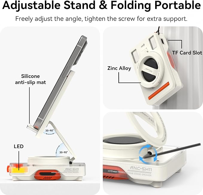 ANCwear Bluetooth Speaker Phone Stand for Desk, Portable Wireless Speaker with Adjustable Cell Phone Holder, Bluetooth 5.4 Audio Stand with TF Card Slot for Kitchen Bedside, Cool Tech Gift (Withe)