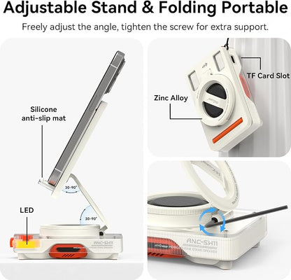 ANCwear Bluetooth Speaker Phone Stand for Desk, Portable Wireless Speaker with Adjustable Cell Phone Holder, Bluetooth 5.4 Audio Stand with TF Card Slot for Kitchen Bedside, Cool Tech Gift (Withe)