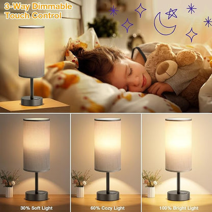 Dicoool Bedside Table Lamp for Bedroom - 3-Way Dimmable Touch Lamp, USB A+C | LED Bulb Included, 14" Small Nightstand Lamp for Desk, Living Room, Guest Room, Grey Fabric Lampshade, Grey Metal Base