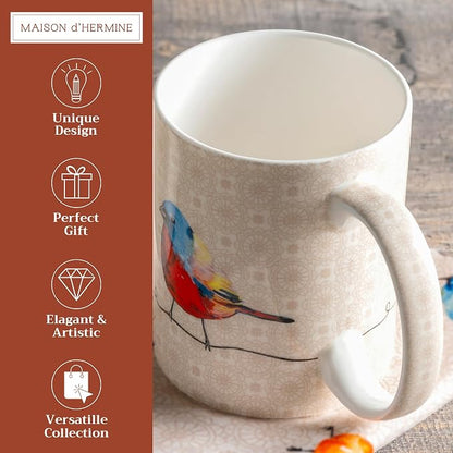 Maison d' Hermine Coffee Mug with Handles Tea Cups (12 Ounce, Pack of 1) | Fine Bone China Coffee Mugs for Hot Beverages Cappuccino Latte Home Restaurant Hotel Spring Summer -Birdies on Wire - Robin