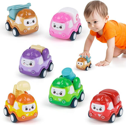 Baby Mini Car Toys for 1 Year Old Boy Gifts, 6 Sets Pull-Back Trucks for Toddlers Age 1-3, Infant Push and Go Friction Powered Vehicles, Early Educational Birthday Gift for 1 2 3 Year Olds Boy Girl
