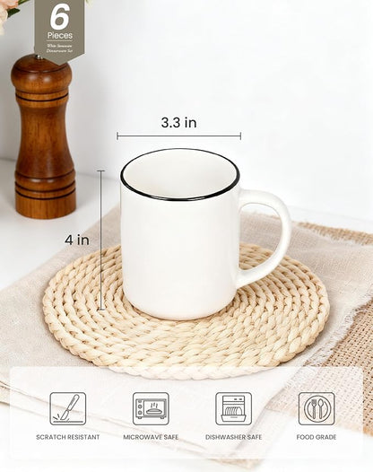 OTAGO Coffee Mugs for 6, 12 oz Mug Set, Dringking Cup with Handle for Coffee, Tea, Cocoa, Black Rim