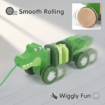 Baby Toys Car,Wooden Pull Along Toddler Toy, Developmental Toy for 1 Year Old Girl Boy Birthday Gift (Crocodile)