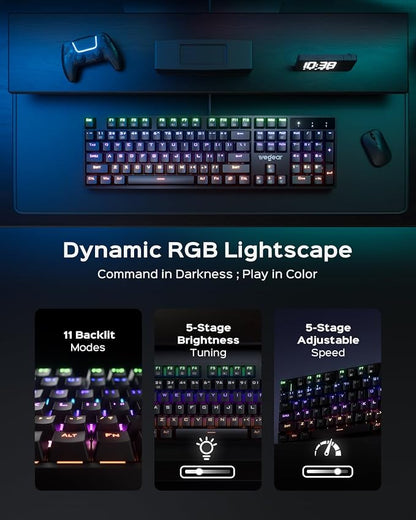 wegear Wired Mechanical Gaming Keyboard with Clicky Switch,104-Key, Black | Full Size, 11 Modes RGB Backlit, Anti-Ghosting, Double-Shot ABS Keycaps, Lighted Computer Key-Board for PC Windows