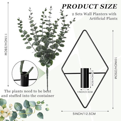 Jexine 4 Pcs Hanging Planters with Artificial Eucalyptus Metal Hanging Vase Indoor Plants Holder Modern Geometric Boho Bathroom Wall Decor for Living Room Home Office(Black)