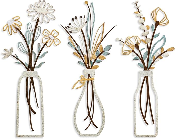 Pigort 3 Pieces Metal Flowers Wall Art- Rustic Farmhouse Decor Minimalist Decor for Living Room Bathroom Bedroom Dining Room, Housewarming Gifts Christmas Decoration(Beige, Vase-C)
