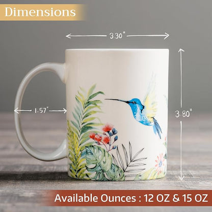 Maison d' Hermine Coffee Mug with Handles Tea Cups (15 Ounce, Pack of 1) | Fine Bone China Coffee Mugs for Hot Beverages Cappuccino Latte Home Restaurant Hotel Spring Summer -Tropiques - Hummingbird