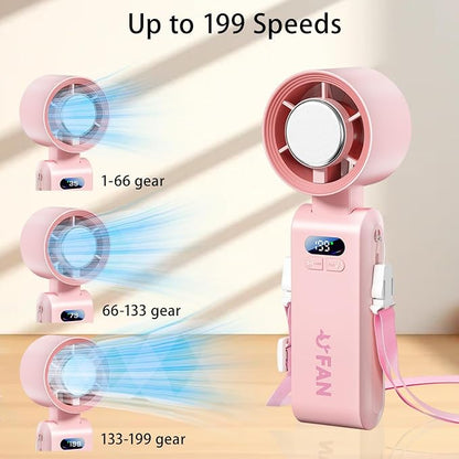 Handheld Fan, Portable Handheld Fan with Ice Function, mini personal fan, Turbo Powerful Rechargeable Fans,1-199 Speed, Foldable, for Women Men Outdoor Indoor travel essentials(Pink)