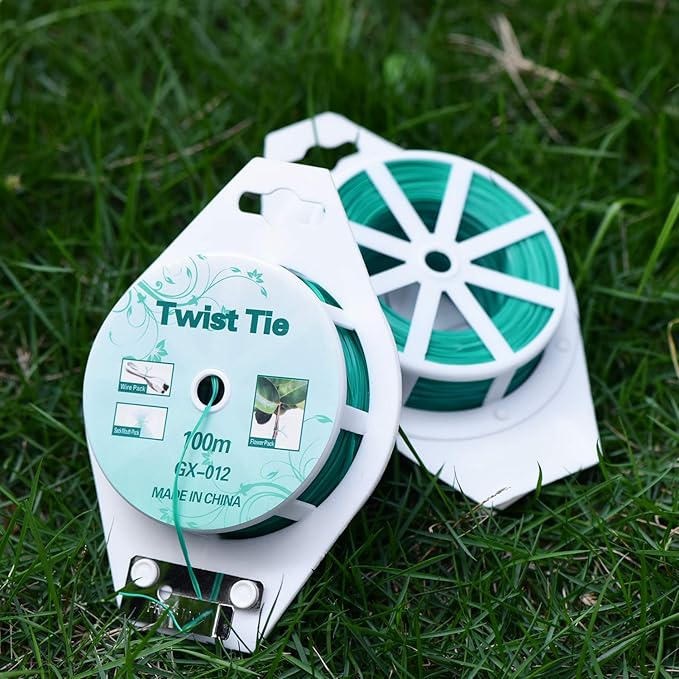 2 Reels 328 Feet (100m) Twist Tie, Green Coated Garden Plant Ties with Cutter for Gardening and Office Organization, Home