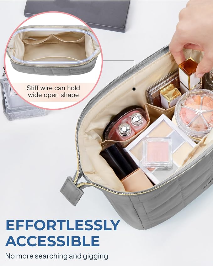 BAGSMART Makeup Bag Travel Toiletry Bag, Puffy Padded Make Up Bags for Women Makeup Organizer Case, Wide-open Pouch Purse Travel Essentials Toiletries Accessories Brushes, Gray