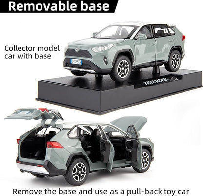 WAKAKAC Model Car 1/32 RAV4 Alloy Diecast Collectible Toy Car with Light and Sound Toy Vehicle Door Can Be Opened for Boys Kids Toddler Gift (Gray)