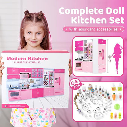 SOCBTNSO 64 PCS Pink Kitchen Toys with Lights Sounds|Mini Kitchen House Furniture Sets for Kids Ages 4-8|Doll Playset Toys for Toddlers 3-5|Birthday Gifts for 3 4 5 6 7 8 Old Girls