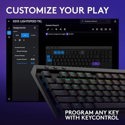 Logitech G515 Lightspeed TKL Wireless Gaming Keyboard (Tactile) - Black | LIGHTSPEED, low profile gaming, LIGHTSYNC RGB, thin tenkeyless design, PBT keycaps, mechanical switches
