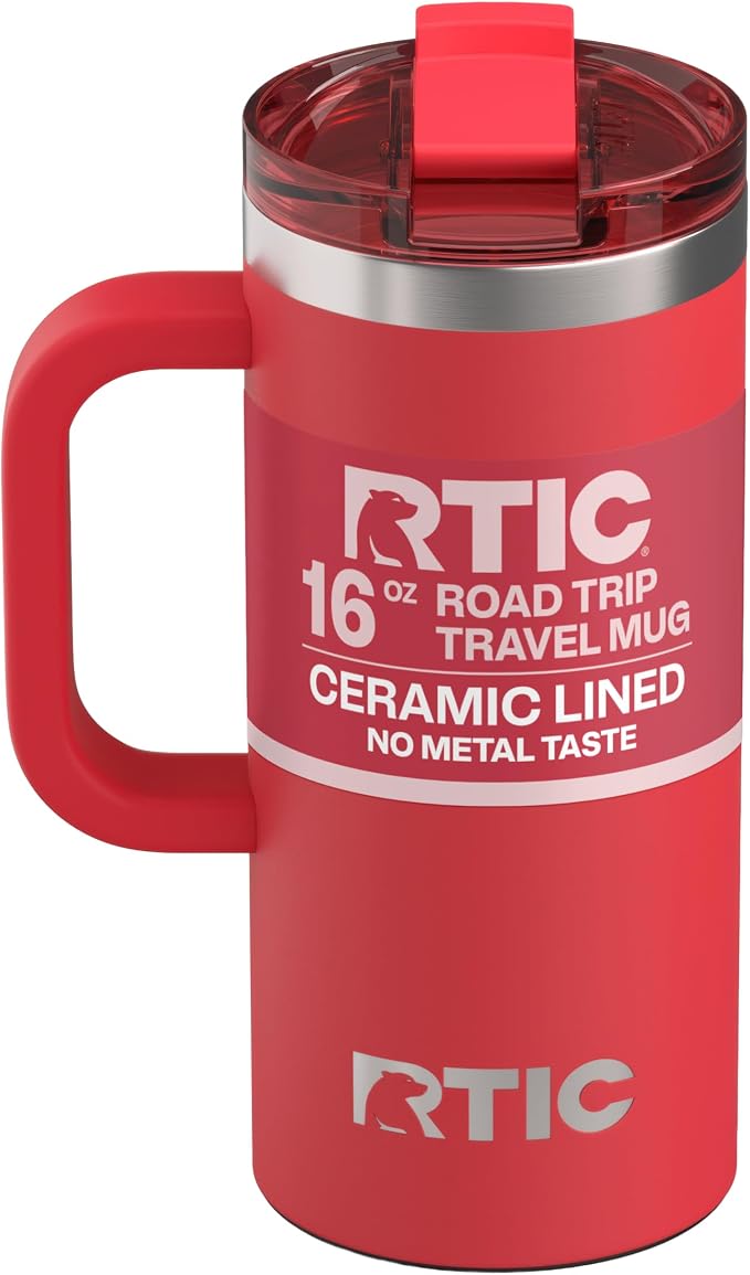 RTIC 16oz Road Trip Travel Mug with Lid and Handle, Ceramic Lined, Flag Red | Stainless Steel Metal, Insulated Travel Cup for Hot and Cold Drinks, Coffee, Car, Camping and Travel