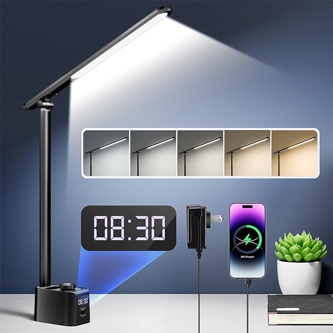 Desk Lamp for College Dorm Room,55 Lighting Modes Dorm Lamp for Dorm Desk Lamp,700 Lumen LED Desk Lamp with USB Charging Port,Desk Light with Clock+Pen Holder,Desk Lamps for Home Office Lamp for Desk