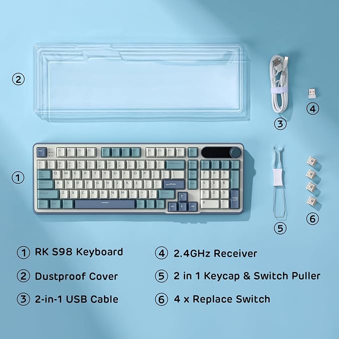 RK ROYAL KLUDGE S98 Wireless Mechanical Keyboard w/Smart Display & Knob | 96% RGB Wireless Gaming Keyboard BT/2.4G/USB-C, Hot Swappable Custom Keyboards, Creamy Sound Silent Computer Keyboard