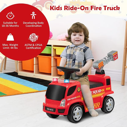 HONEY JOY Ride On Push Car with Bubble Maker, Fire Engine Push Cars for Toddlers w/Horn, Music, Lights, Under Seat Storage, Foot-to-Floor Ride On Fire Truck Toy for Kids Boys Girls, Red