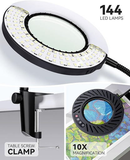 ARTDOT 10X Magnifying Glass with Light and Stand, 144 LEDs Desk Lamp with 5 Color Temperatures and 9 Levels Adjustable Brightness for Diamond Painting Accessories Crafts Reading Hobbies Close Work