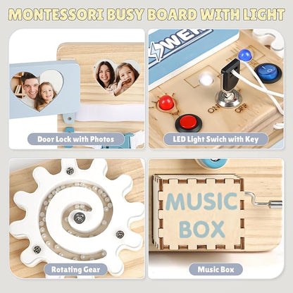Joyreal Wooden Busy Board for Toddlers, 10-in-1 Montessori Sensory Toys with Music Box, Activity Learning Board with Door Hidden Mirror, Educational Travel Toy for 1 2 3 Year Old Boys Girls