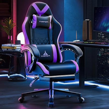 Gaming Chair,Ergonomic Massage Office Chair with Footrest,Purple | Pocket Spring Cushion,Reclining,Thick High Back,Headrest and Lumbar Support,Adjustable Leather Computer Chair Gamer Chair