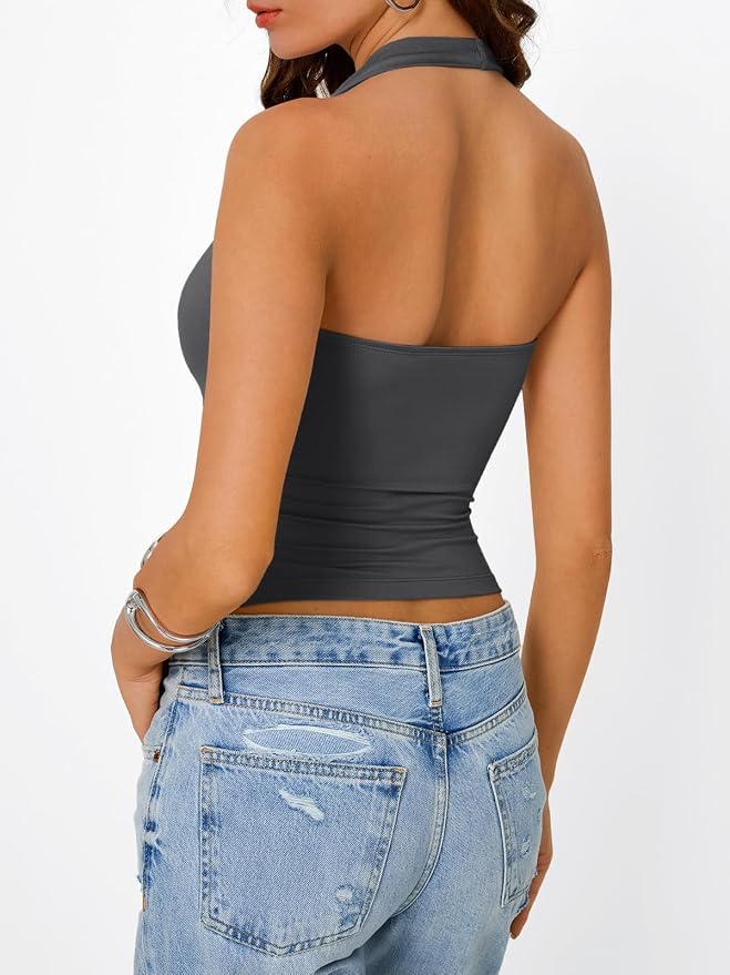 Trendy Queen Halter Tops for Women Going Out Summer Top | Cowl Neck Shirts, Sexy Backless, Fashion Y2K Clothes, Perfect for Party, Club, Vacation, Pair with High-waisted Bottoms
