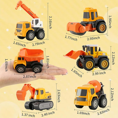 6-in-1 Mini Die Cast Alloy Construction Vehicle Set, Pull Back Toy Cars for 3 4 5 Year Old Boys Girls, Outdoor Boys Girls Toys, Ideal Gift for Birthday Party Favors & Christmas Stocking Stuffers