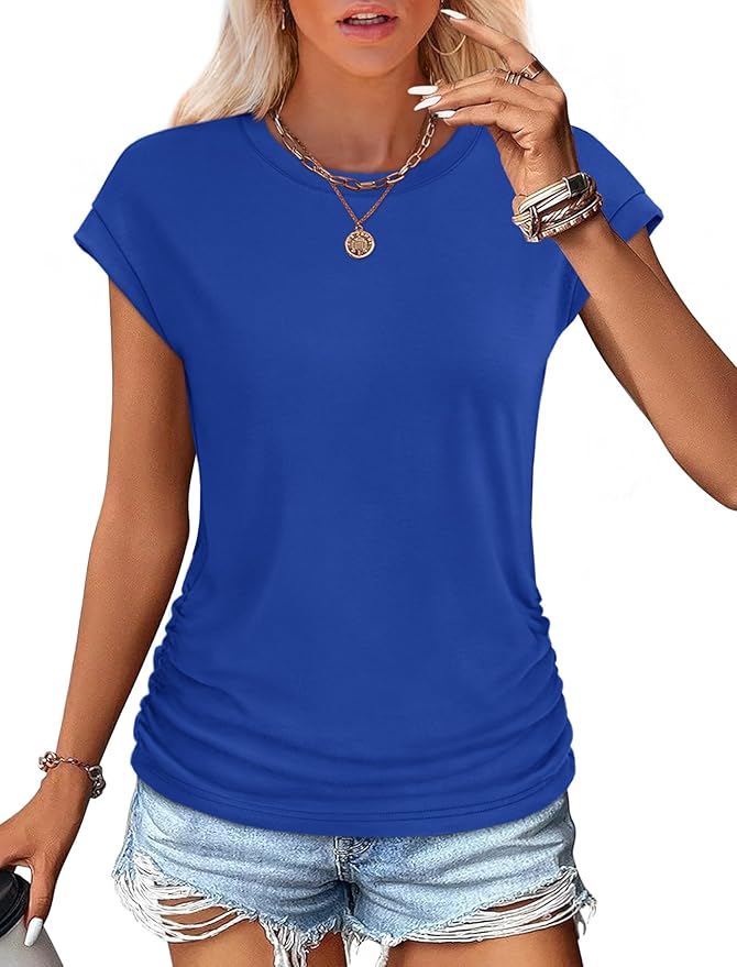 Sampeel Womens Summer Tops Trendy 2026 Ruched Cap Short Sleeve Tshirts Shirts Crew Neck T Shirts Fashion
