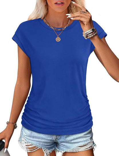 Sampeel Womens Summer Tops Trendy 2026 Ruched Cap Short Sleeve Tshirts Shirts Crew Neck T Shirts Fashion