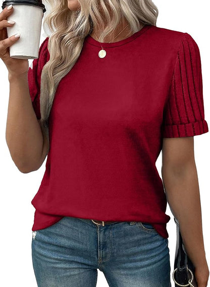 SHEWIN Women's Short Sleeve Summer Tops Crewneck Knit Solid Loose Casual Basic T Shirts Tee Blouses